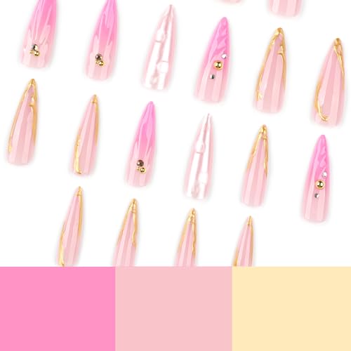 Image of Pink Press on Nails Long Stiletto Fake Nails Ombre Glue on Nails with Gold Design Glossy False Nails Reusable Artificial Acrylic Full Cover 3D Ocean Shell Stick on Nails for Women Manicure 24Pcs