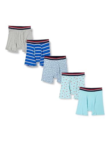 Amazon Essentials Men's Breathable Cotton Pant Boxer Pants, Tag-Free, Pack of 5, Blue Stripes/Crabs/Grey Heather/Light Blue/Sharks, XXL