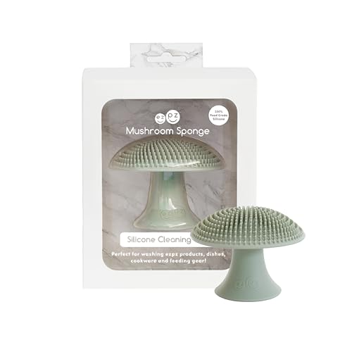 Image of ezpz Mushroom Sponge (Sage) - Odor-Resistant Kitchen Sponge with Soft Bristles, Non-Slip Handle, Suction Base - Gently Cleans Pans, Dishes and Feeding Gear