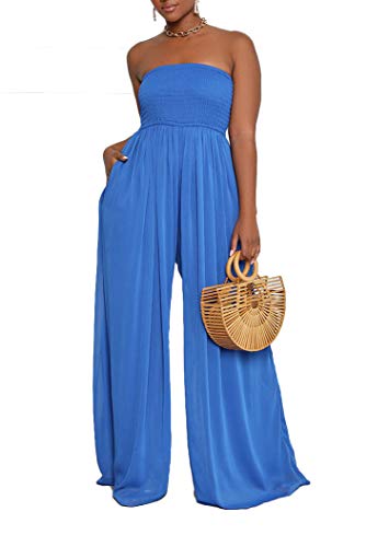 Ophestin Women's Strapless Tube Wide Leg Jumpsuits Smocked Casual Off Shoulder Loose Long Pants One Piece Jumpsuits Rompers Blue M #TOP16