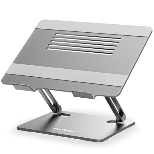 Laptop Stand, Boyata Adjustable Laptop Riser with Slide-Proof Silicone and Protective Hooks, Notebook Stand for Laptop up to 17 Inches, Laptop Holder Compatible for MacBook, HP Laptop-Space Gray