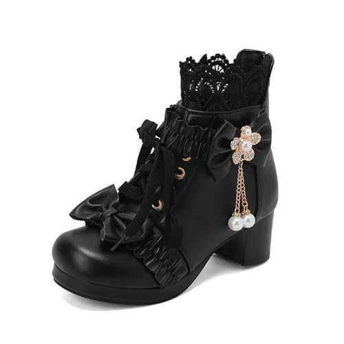 HIKKWXVN Botines de Uniforme Lolita con Encaje Bonitos para Mujer, Botines de Cosplay de tacón Alto Grueso para otoño e Invierno, Zapatos de Fiesta de Moda,Negro,35 EU
