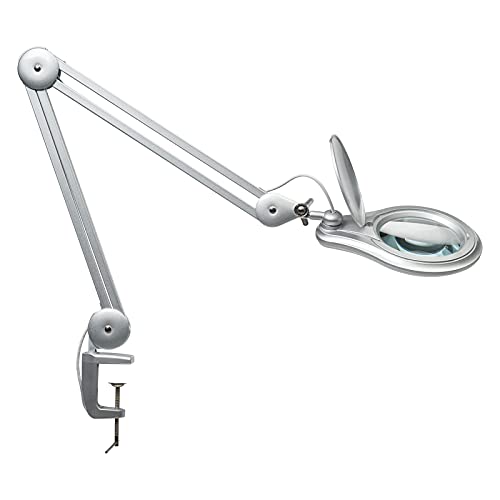 Black Friday Clearance Bemelux LED Magnifying Lamp with Clamp, 5 Inch Magnifier Glass Lens, Metal Swing Arm Dimming 1200 Lumens Lighted Magnifying Desk Lamp for Crafts, Bright 60PCS LEDs - 2.25X Magnification(Silver)