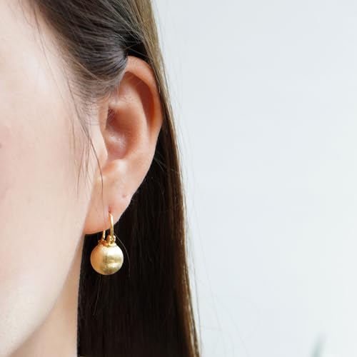 OwMell Elegant 12mm Gold Pearl Drop Earrings - Sterling Silver Dangle Studs for Women, Unique Brushed Finish - Image 3