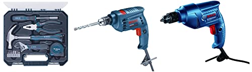 Bosch 500-Watt Professional Impact Drill Machine (Blue) & Bosch Hand Tool Kit (Blue, 12 Pieces) & Bosch Gbm 350 Professional Rotary Drill (350 Watt Blue), 1 Pack