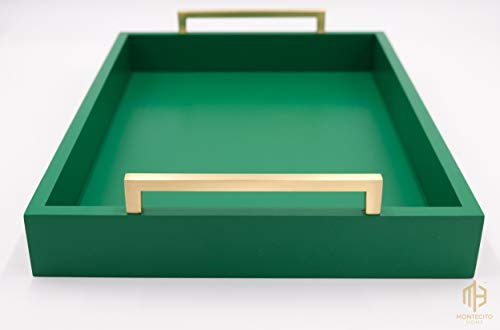 Montecito Home Decorative Coffee Table Tray - Ottoman Tray - Breakfast, Drinks, Liquor Serving Tray- from Farmhouse to Modern - Matte Finish - Champagne Gold Handles - Palm Frond Green