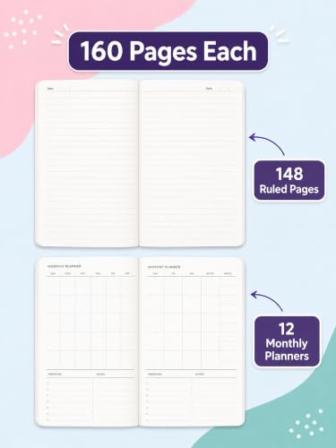 Image of DOODLE Notebook Set of 2 | A5 Undated Planner & Ruled Journal | 160 Pages Each, 12-Month Planner + 148 Ruled Pages | 80 GSM Thick Paper | Cute Notebook for School, College, Office & Gifting