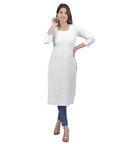 Vrnda Indian Hand Embroidered Lucknowi Chikankari Straight Knee Length White Cotton Kurti Pakistani Long Kurta For Women