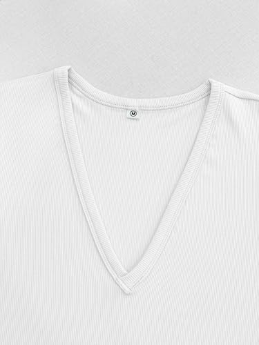 Image of Albe Rita Women Short Sleeve T-Shirt Cap V Neck Shirts for Women Ribbed Casual Top Knit Slim Fit for Summer