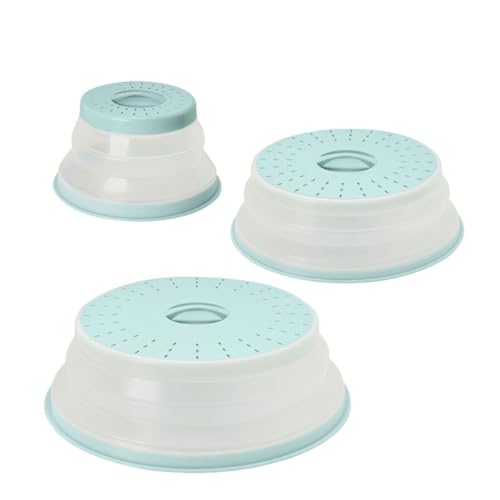 Tovolo 3-Piece Silicone Microwave Splatter Lid Set Blue Haze Small Medium Large Set of 3, Collapsible Dishwasher Safe BPA Free Vented Silicone Microwave Splatter Cover Set for Food Reheating