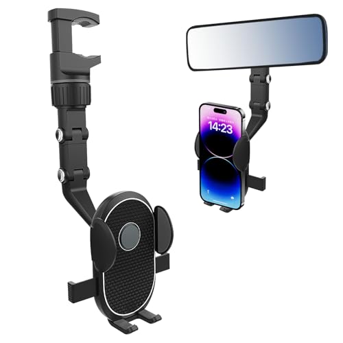 wuyaoyao Rear View Mirror Phone Holder for Car, 360° Rotatable Rearview Mirror Phone Mount, Multifunctional Car Cellphone Holder with Adjustable Clamp, Universal for Most Smartphones (Black)