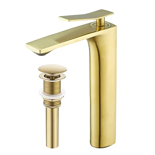 Baño recipiente fregadero grifo con pop-up drenaje cepillado oro alto baño recipiente grifo de una sola manija fregadero fregadero fregadero mezclador NEWRAIN NR6790BGH Cover