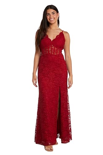 Image of Long Lace Corset Gown W /Illusion Scallop Bodice, Spaghetti Straps & High Slit
