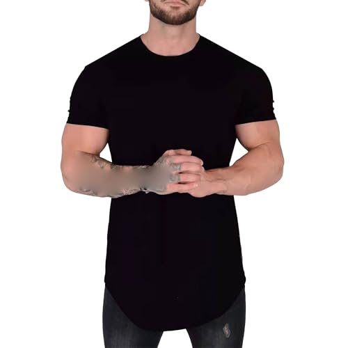 QOAAIE Mens Workout Athletic Muscle T Shirt Short Sleeve Crew Neck Basic Tee Shirt Hip Hop Longline Hipster T-Shirts (Black,Medium)