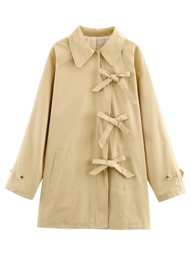 HOULENGS Women's Long Sleeve Bow Toggle Trench Coat Casual Button Down Trench Jacket Fall Fashion...