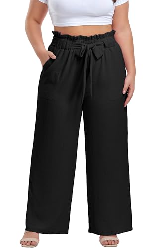 OLRIK Women's Plus Size Pants Summer High Waisted Wide Leg Casual Trousers with Pockets Self-Tie Belt (1X-5X)