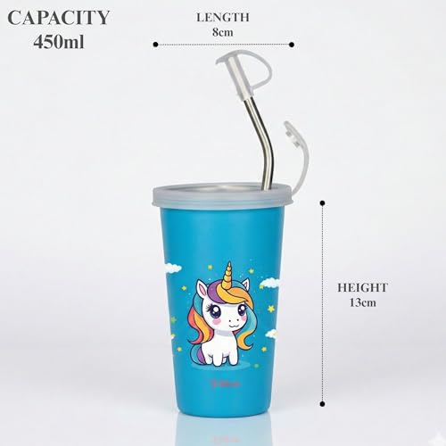 Image of PDDFALCON Stainless Steel Cartoon Print Glass /Tumbler with Steel Straw, Cleaning Brush & Food Grade Cap, 100% Leak Proof. Ideal for Kids. (Unicorn Sky Blue 450ml)
