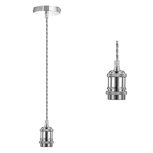 Licperron Vintage Pendant Light Fitting Kit, Chrome Braided Flex Ceiling Pendant Lamp, E27 Light Pendant Fitting Kit-Chrome. 1pack