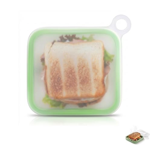 VZU Sandwich Box Sandwich Container 1 Unit Reusable Sandwich Box Container with Lid - Portable Square Silicone Lunch Case in Green15.5×15.5×2.5 cm Freezer Microwave and Dishwasher Safe