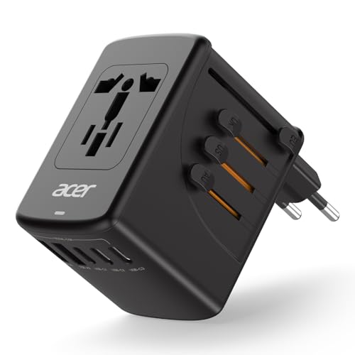 Acer Universal Travel Plug Adapter – International Power Adapter with 5 USB Ports (3 USB C) 5.8A, Worldwide Outlet Charger for USA to European UK France Germany Spain, Type C/E/F/G/I/L/A, Black