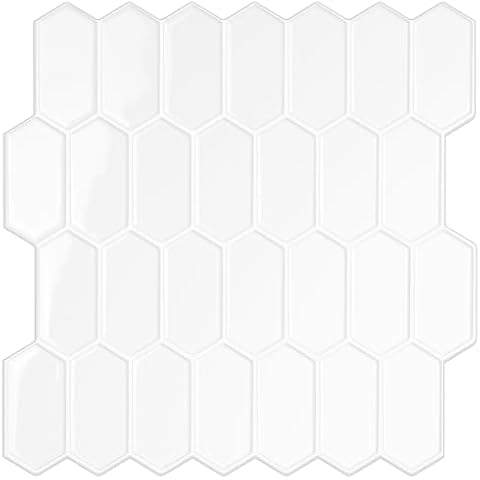 WalDecoo Peel and Stick Tiles for Kitchen, Thicker Design 3D Self -Adhesive Long Hexagon Wall Tile Backsplash, White 10-Sheet 12"x12" Stick on Tiles, Peel and Stick Wall Tiles for Kitchen. Cover