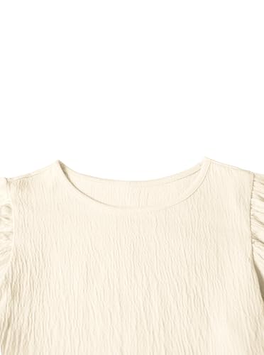 Image of Girls Ruffle Sleeve Shirt Crew Neck Textured Summer Cute Tops Dressy Blouse Light Beige 7-8 Years