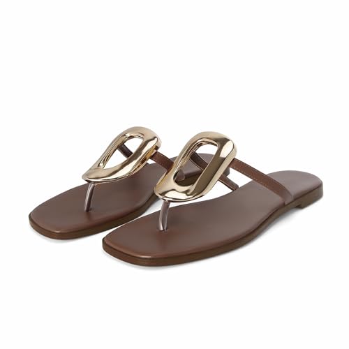 Wnshonzy Flip-Flops for Women Thong Sandals Flat Chocolate Slip on Slides Leather Beach Comfort Open Square Toe Ladies Slipper Dressy Metal Hardware Decoration Summer Shoes Casual Fashion