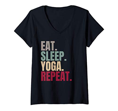 Donna Eat Sleep Yoga Repeat Maglietta con Collo a V