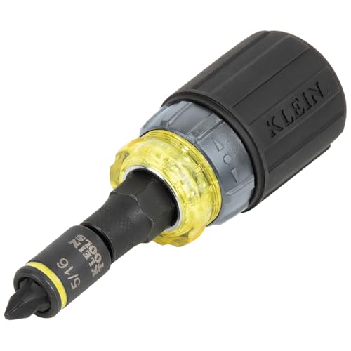 Klein Tools 32561HDRT KNECT 7-in-1 Ratcheting Screwdriver, Impact Rated, Stubby with Phillips, Slotted Bits, 3 Nut Drivers, Adapter, 7-Piece