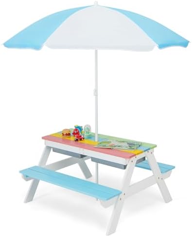 GLACER 3-in-1 Kids Picnic Table, Wooden Sand and Water Table w/Removable & Adjustable Umbrella, Removable Sand Box, Built-in Benches, Kids Outdoor Furniture for Toddler, Patio, Backyard (Blue+White)