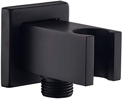 Wall Supply Elbow with Hand Shower Holder, Keymark Brass Square 1/2″Shower Hose Connector, Wall Mount Drop Ell Union Water Outlet, Black