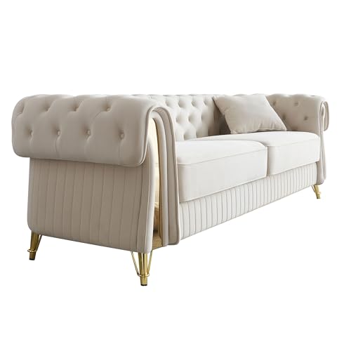 Image of KEIKI 89 inch Chesterfield Velvet Button Tufted Sofa with High Density Foam Cushions and 2 Toss Pillows, Modern Style 3-Seater Couch with 4 Gold Metal Leg, Easy Assembly, for Living Room, Apartment, Beige