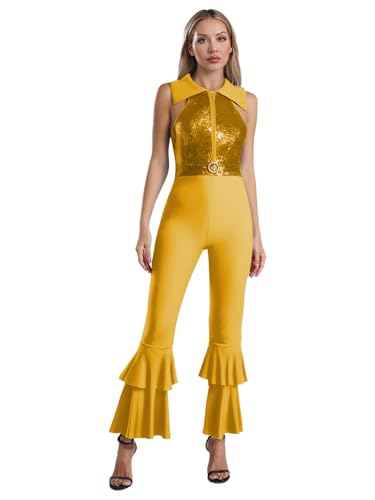 RUNQHUI - Mono de lentejuelas para mujer, fiesta, discoteca, Halloween, carnaval, dorado, S