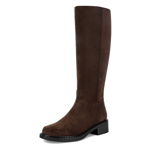 Image of Dsevht Black Knee High Boots for Women Faux Leather Elastic Low Heel Round Square Toe Side Zipper Fall Long Tall Boot