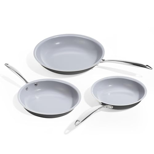 KITEXPERT Non Stick Frying Pans Titanium Ceramic Skillet Set for Cooking 8 9.5 11 Non Toxic Ceramic Pans with Stay Cool Handle PFAS & PTFE & PFOA Free Dishwasher and Oven Safe Grey