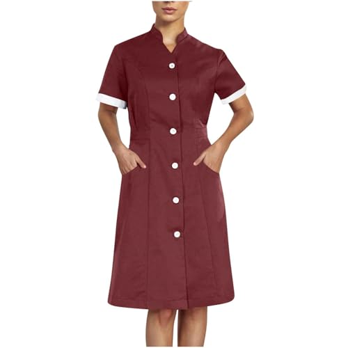 HGps8w Nurses Scrubs Dress - Women Button Down Working Uniforms Knee Length Casual Short Sleeve Workwear Dresses with Pockets