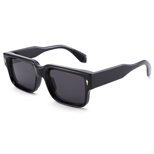 Rectangle Sunglasses Retro Style - Thick Frame UV Protection Unisex Sun Glasses with Metal Rivet Design