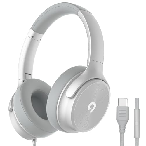 ADOOPE USB C Wired Over-Ear Headphones with Mic, Hi-Fi Stereo Sound, Noise-Isolating Ear Cups, Comfortable Fit for iPhone15/16, Samsung Galaxy S24/S23, Type-C Phones & Tablets (Silver)