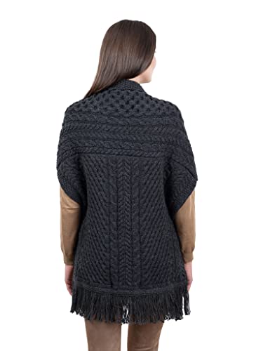 Image of SAOL 100% Merino Wool Shawl /Poncho Sweater /Open Cardigan /Wool Cape with Pockets with Fringe Trim and Trinity Knot Button