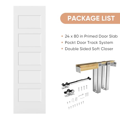 Image of BARNSMITH 24in x 80in Sliding Pocket Door, Track Hardware and Frame Kits with 5-Panel White Paintable Door Slab Included, Soft Close Mechanism, Durable and Smooth