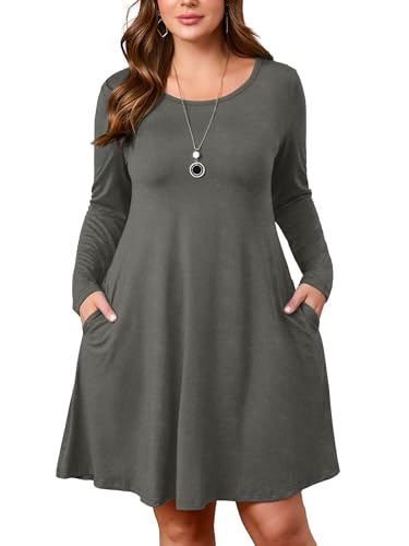 Image of AusLook Women's Plus Midi Dress Long Sleeve Crew Neck A-Line Swing Flowy Vacation Fall Wedding Guest Dresses with Pocket 1-5X