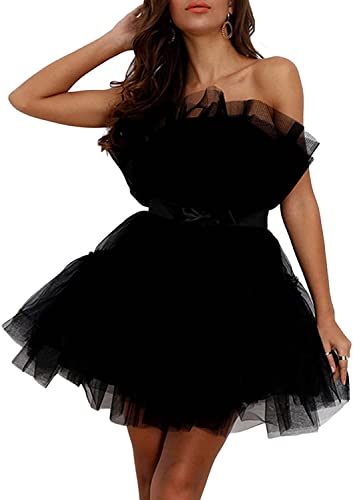 Vestido Corto con Volantes para Mujer, Vestido de Bailarina con Lazo de Tul Minivestido Corto de Princesa con Pompones Vestido de Malla con Hombros Descubiertos (Negro,S) Cover