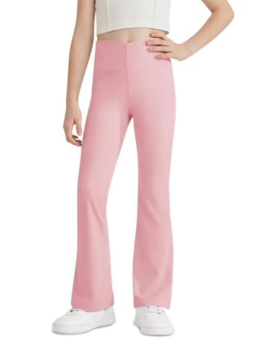 Haloumoning Girls Flare Leggings Kids Ruched High Waist Bell Bottom Yoga Dance Pants 5-14 Years, Light Pink, 9-10 Years