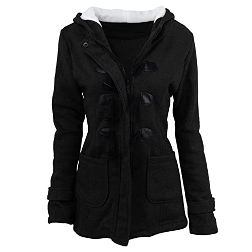 Women's Fuzzy Fleece Pea Coat Plus Size Winter Casual Horn Button Jacket Warm Long Sleeve Hooded Outerwear With Pockets Black, Xx-Large #TOP1