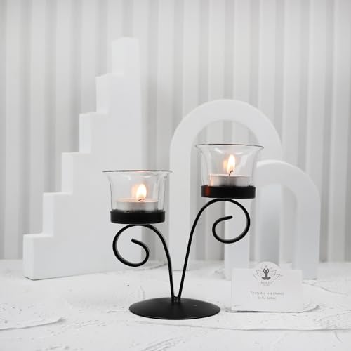 Image of HOSLEY Clear Glass Tealight Candle Holders|Black Tealight Candle Holders With Glass Holders Perfect For Home Decor Tabletop Centerpiece| Pack Of 1 With Pack Of 2 Tealights, Black Matty