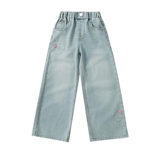 Generisch 2026 - Vaqueros para niña con botones de perlas, pierna ancha, tallas grandes, pantalones largos hasta el suelo para niños mayores (4-15 años), azul, 6-7 años