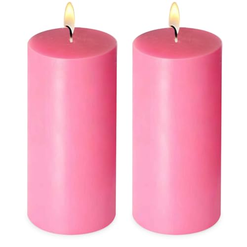 2 Pack 3x6 Inch Pink Unscented Pillar Candles - 70 Hour Long Burning Dripless Smokeless Candles for Valentines Day Christmas Home Decor Weddings Festivals