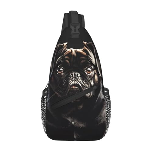 Mochila cruzada urbana negra con diseño de pug miniatura 1