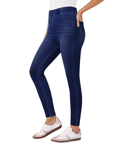 GRAPENT Womens Skinny Jeans Blue Stretch Pants for Women Summer High Rise Pull On Jeggings with Pockets Skinny Jeans, Darkness Blue, M, US Size 8 to 10