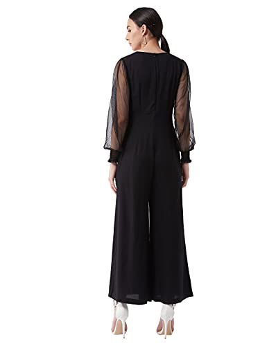 Image of Miss Chase Women's Black Solid Relaxed Fit Long Sleeve V-Neck Ankle-Length Straight Jumpsuit
